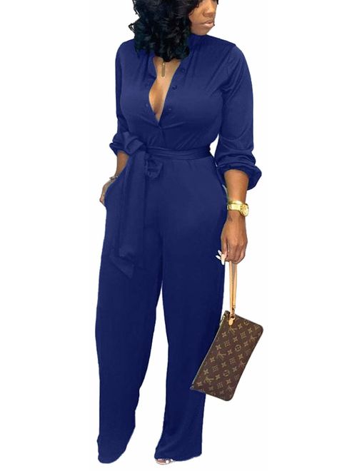 Women's Sexy Jumpsuits Elegant Long Sleeve Long Pants Straight Long Pants Clubwear Denim Rompers with Pockets