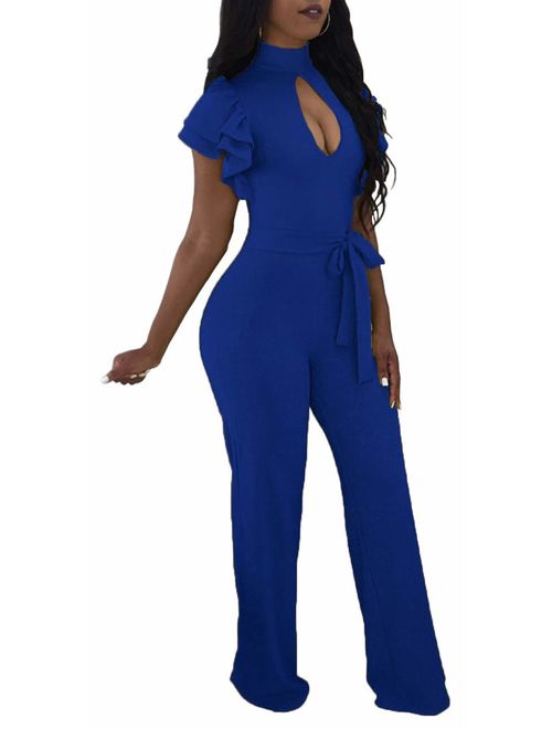 Women's Sexy Jumpsuits Elegant Long Sleeve Long Pants Straight Long Pants Clubwear Denim Rompers with Pockets