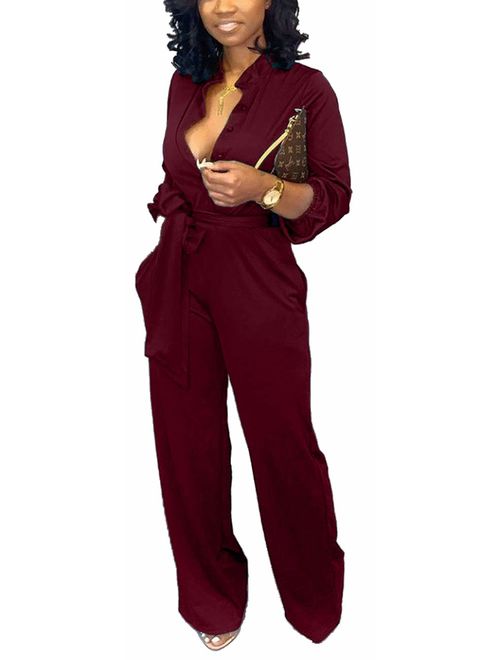 Women's Sexy Jumpsuits Elegant Long Sleeve Long Pants Straight Long Pants Clubwear Denim Rompers with Pockets