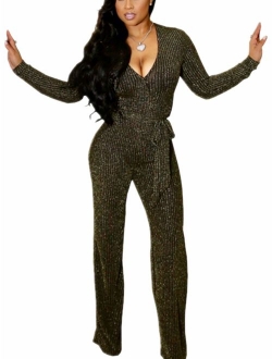 Sparkly Sexy Jumpsuits for Women Elegant Plus Size Clubwear Casual Womens Rompers Wide Leg Pants Long Sleeve