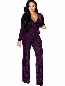 Sparkly Sexy Jumpsuits for Women Elegant Plus Size Clubwear Casual Womens Rompers Wide Leg Pants Long Sleeve