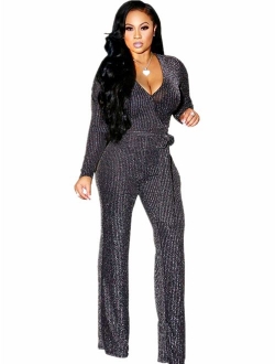 Sparkly Sexy Jumpsuits for Women Elegant Plus Size Clubwear Casual Womens Rompers Wide Leg Pants Long Sleeve