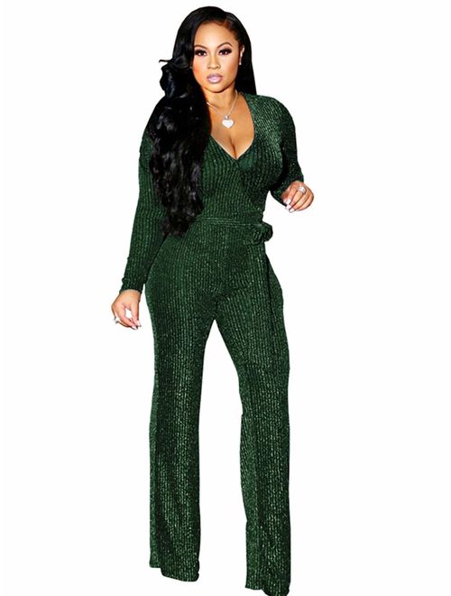 Sparkly Sexy Jumpsuits for Women Elegant Plus Size Clubwear Casual Womens Rompers Wide Leg Pants Long Sleeve