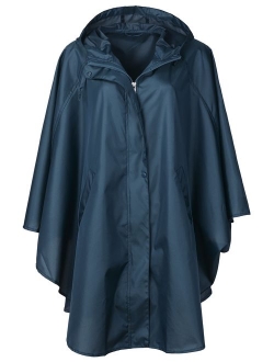 Women's Waterproof Packable Batwing-Sleeved Raincoat Rain Poncho Jacket Coat Hooded for Adults with Pockets