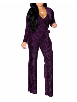 FairBeauty Women's Sexy Sparkly Jumpsuits Clubwear One Piece Deep V Neck Long Sleeve Pants with Belt