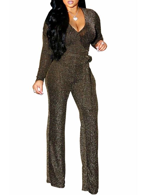 FairBeauty Women's Sexy Sparkly Jumpsuits Clubwear One Piece Deep V Neck Long Sleeve Pants with Belt