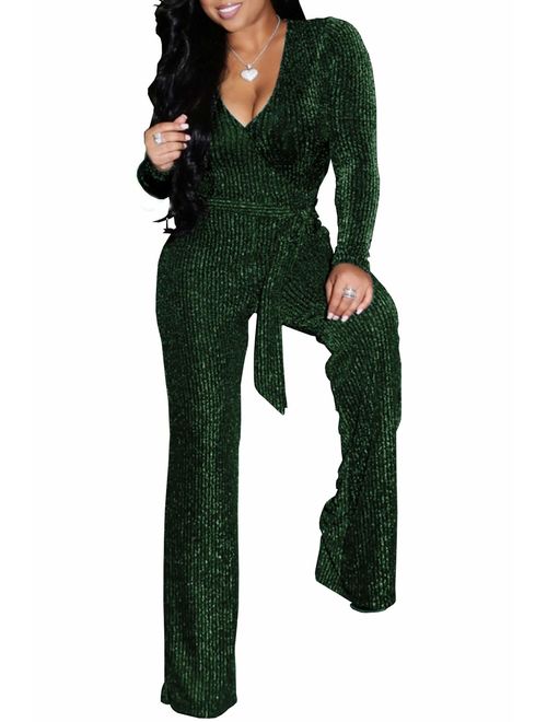 FairBeauty Women's Sexy Sparkly Jumpsuits Clubwear One Piece Deep V Neck Long Sleeve Pants with Belt