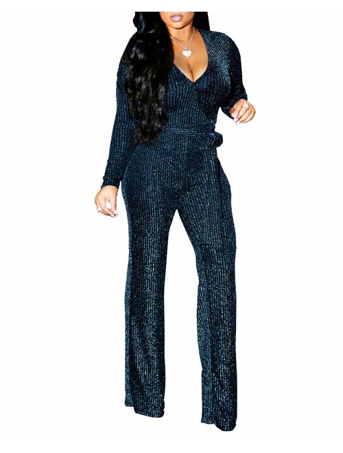 FairBeauty Women's Sexy Sparkly Jumpsuits Clubwear One Piece Deep V Neck Long Sleeve Pants with Belt