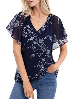 BAISHENGGT Women's Printed Flouncing Flared Short Sleeve Mesh Blouse Top