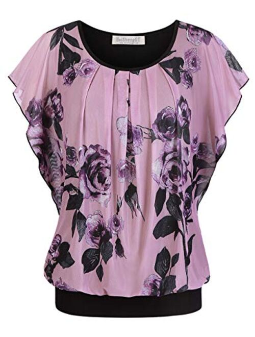 BAISHENGGT Women's Printed Flouncing Flared Short Sleeve Mesh Blouse Top