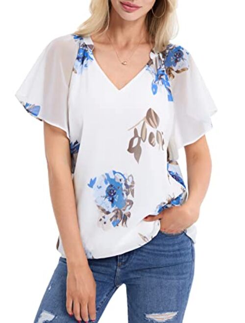 BAISHENGGT Women's Printed Flouncing Flared Short Sleeve Mesh Blouse Top