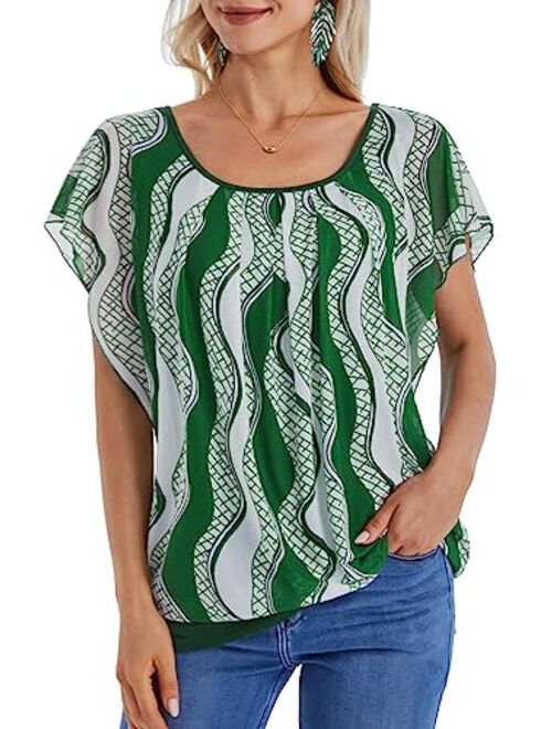 BAISHENGGT Women's Printed Flouncing Flared Short Sleeve Mesh Blouse Top