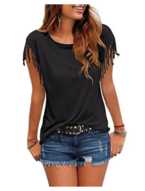 Cosonsen Women's Tassel Short Sleeve Round Neck T-Shirt Top Casual Summer Tee