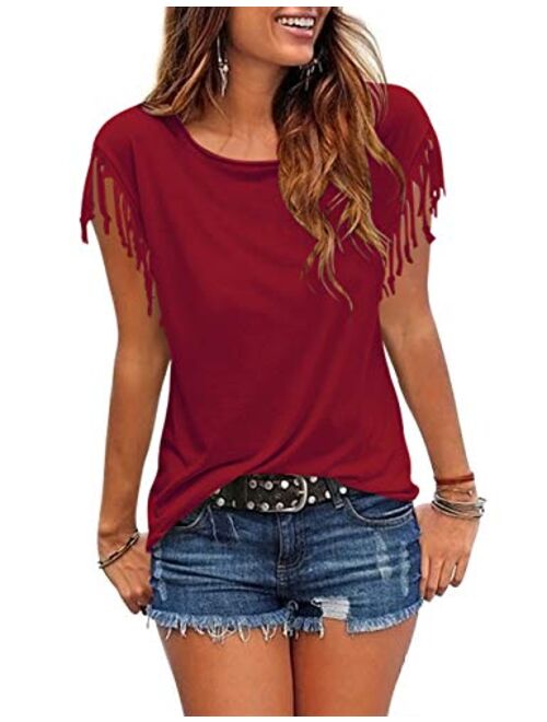 Cosonsen Women's Tassel Short Sleeve Round Neck T-Shirt Top Casual Summer Tee