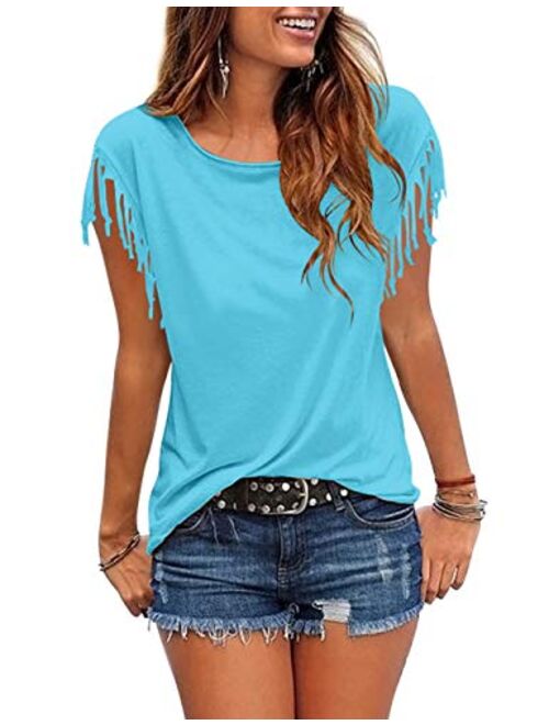 Cosonsen Women's Tassel Short Sleeve Round Neck T-Shirt Top Casual Summer Tee