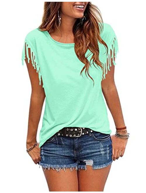 Cosonsen Women's Tassel Short Sleeve Round Neck T-Shirt Top Casual Summer Tee