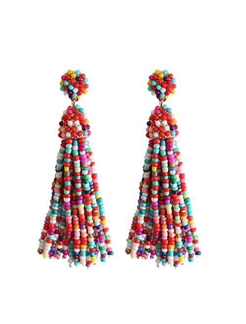 NLCAC Women's Beaded tassel earrings Long Fringe Drop Earrings Dangle 6 Colors