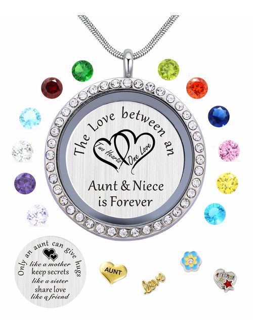 beffy Best Gifts for Niece Aunt, Floating Living Memory Locket Necklace Pendant with Charm & Birthstone for Women, Girls & Teen Girl