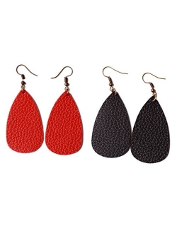 L&N Rainbery Teardrop Leather Earrings Antique Looking Leather Dangle Earrings 2 Pairs Pack