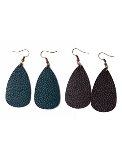 L&N Rainbery Teardrop Leather Earrings Antique Looking Leather Dangle Earrings 2 Pairs Pack