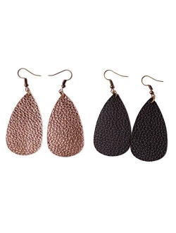 L&N Rainbery Teardrop Leather Earrings Antique Looking Leather Dangle Earrings 2 Pairs Pack