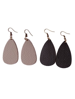 L&N Rainbery Teardrop Leather Earrings Antique Looking Leather Dangle Earrings 2 Pairs Pack