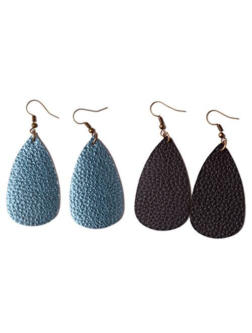 L&N Rainbery Teardrop Leather Earrings Antique Looking Leather Dangle Earrings 2 Pairs Pack