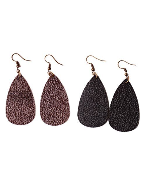 L&N Rainbery Teardrop Leather Earrings Antique Looking Leather Dangle Earrings 2 Pairs Pack