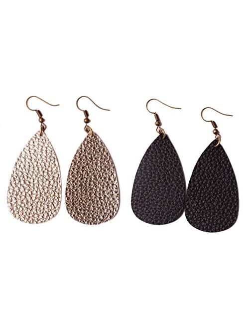 L&N Rainbery Teardrop Leather Earrings Antique Looking Leather Dangle Earrings 2 Pairs Pack