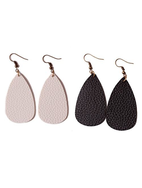 L&N Rainbery Teardrop Leather Earrings Antique Looking Leather Dangle Earrings 2 Pairs Pack