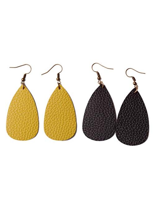 L&N Rainbery Teardrop Leather Earrings Antique Looking Leather Dangle Earrings 2 Pairs Pack