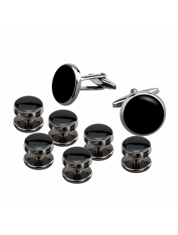 MERIT OCEAN Mens Onyx Cufflinks and Studs Set Silver Black Cufflinks for Men Tuxedo Shirts Business Wedding Gift