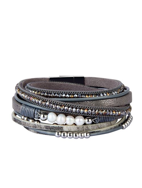 AZORA Womens Leather Wrap Bracelet Handmade Stacking Cuff Bracelets for Women Girls Gift