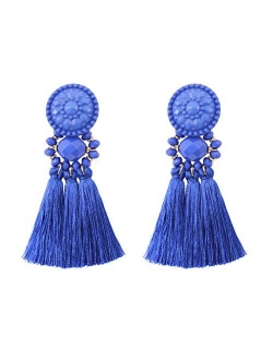 boderier Bohemian Statement Thread Tassel Chandelier Drop Dangle Earrings with Cassandra Button Stud