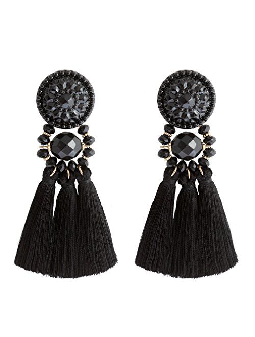 boderier Bohemian Statement Thread Tassel Chandelier Drop Dangle Earrings with Cassandra Button Stud