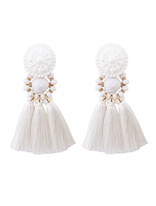 boderier Bohemian Statement Thread Tassel Chandelier Drop Dangle Earrings with Cassandra Button Stud