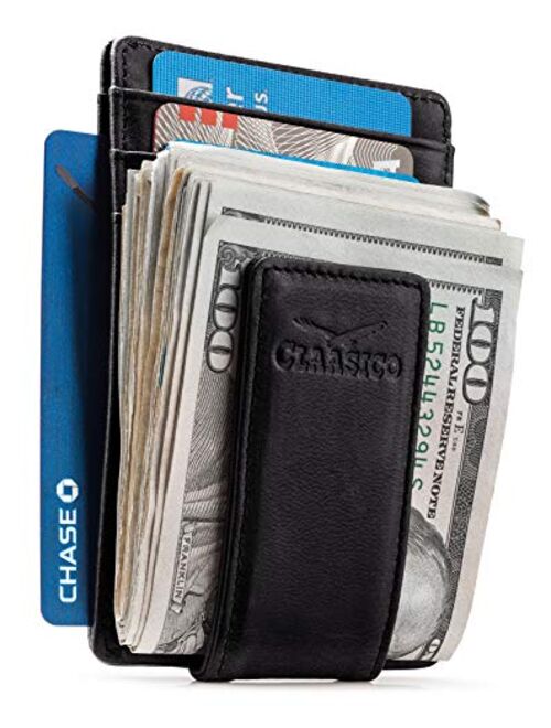 Money Clip Leather Wallet For Men Slim Front Pocket RFID Blocking with Super Strong Magnetic