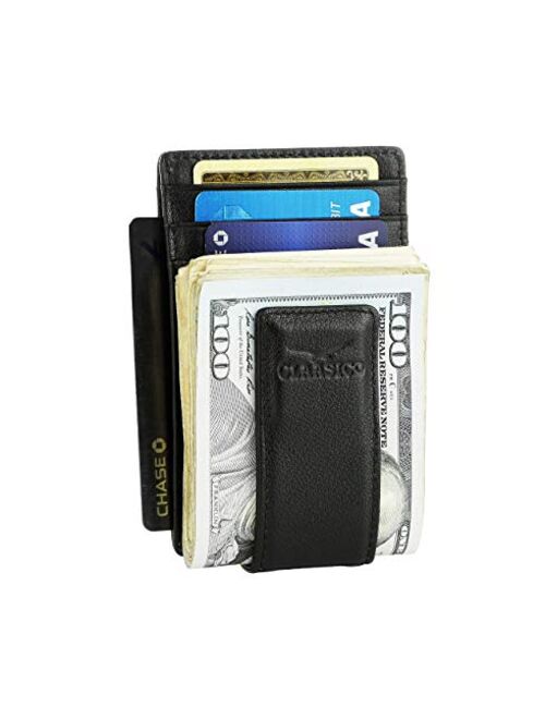 Money Clip Leather Wallet For Men Slim Front Pocket RFID Blocking with Super Strong Magnetic