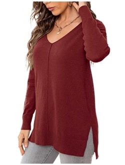 levaca Women's Fall Long Sleeve Side Split Loose Casual Pullover Tunic Tops