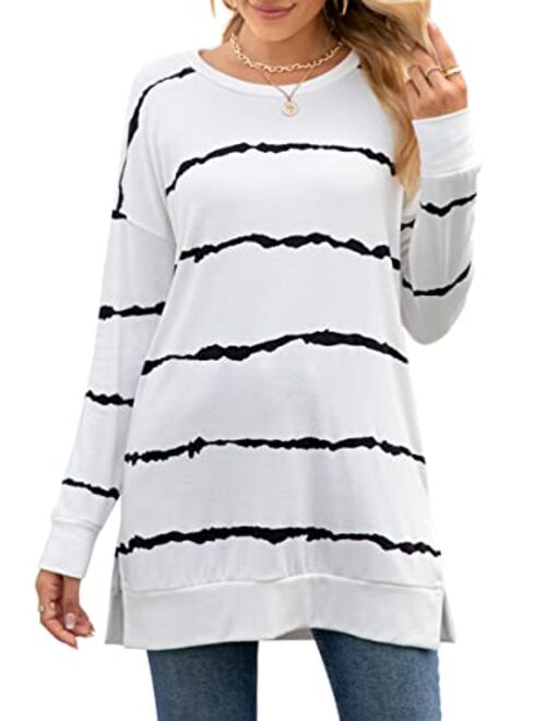 levaca Women's Fall Long Sleeve Side Split Loose Casual Pullover Tunic Tops