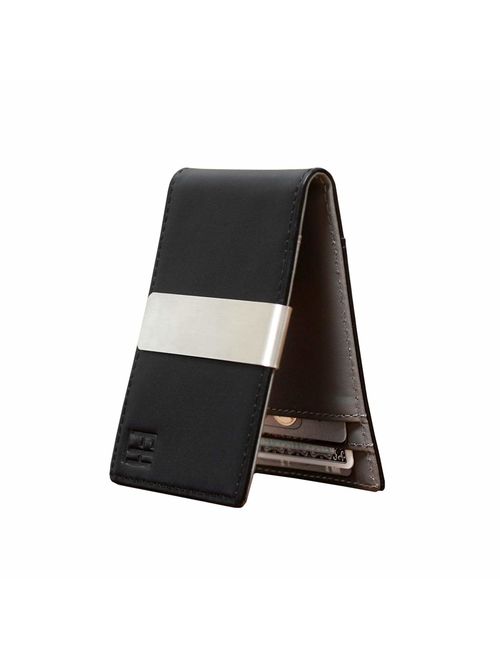 F&H Minimalist Slim Leather Wallet Money Clip Holds 8 Cards