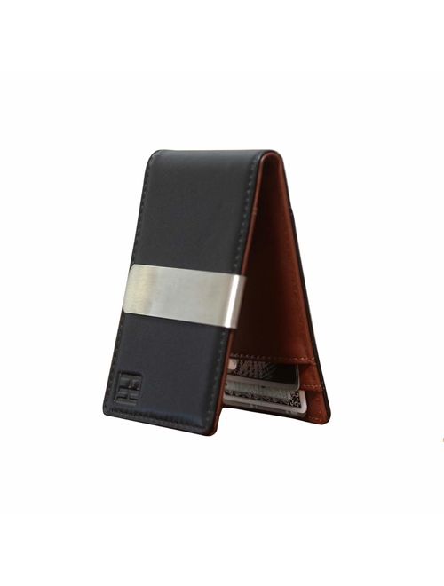 F&H Minimalist Slim Leather Wallet Money Clip Holds 8 Cards