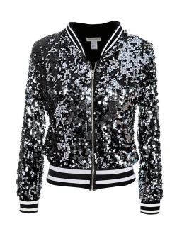 ANNA-KACI Womens Sequin Long Sleeve Front Zip Jacket with Ribbed Cuffs