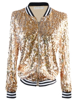 ANNA-KACI Womens Sequin Long Sleeve Front Zip Jacket with Ribbed Cuffs