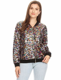 ANNA-KACI Womens Sequin Long Sleeve Front Zip Jacket with Ribbed Cuffs