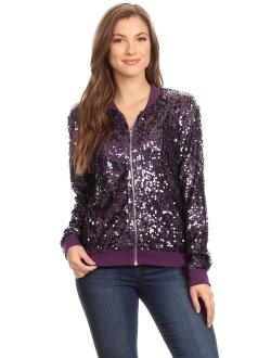 ANNA-KACI Womens Sequin Long Sleeve Front Zip Jacket with Ribbed Cuffs