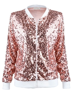 ANNA-KACI Womens Sequin Long Sleeve Front Zip Jacket with Ribbed Cuffs