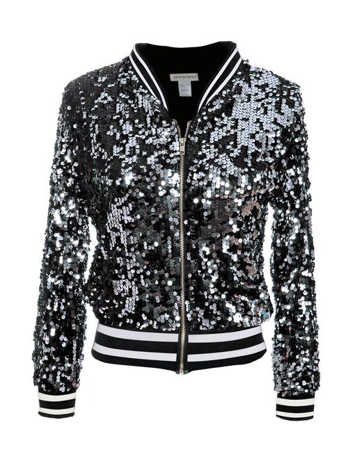 Anna Kaci ANNA-KACI Womens Sequin Long Sleeve Front Zip Jacket with Ribbed Cuffs