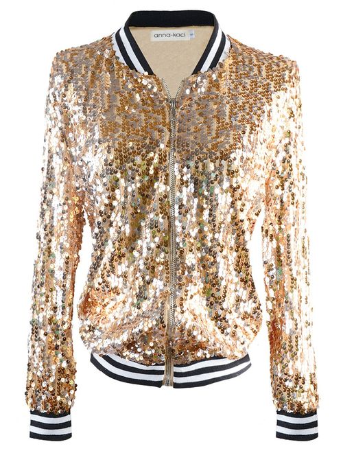 Anna Kaci ANNA-KACI Womens Sequin Long Sleeve Front Zip Jacket with Ribbed Cuffs