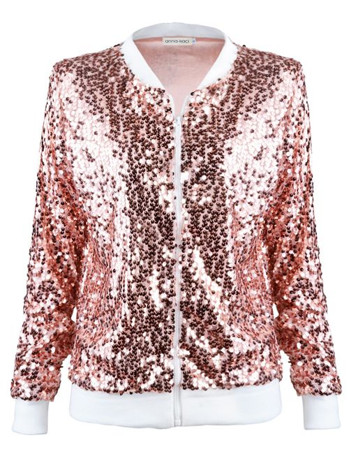 Anna Kaci ANNA-KACI Womens Sequin Long Sleeve Front Zip Jacket with Ribbed Cuffs